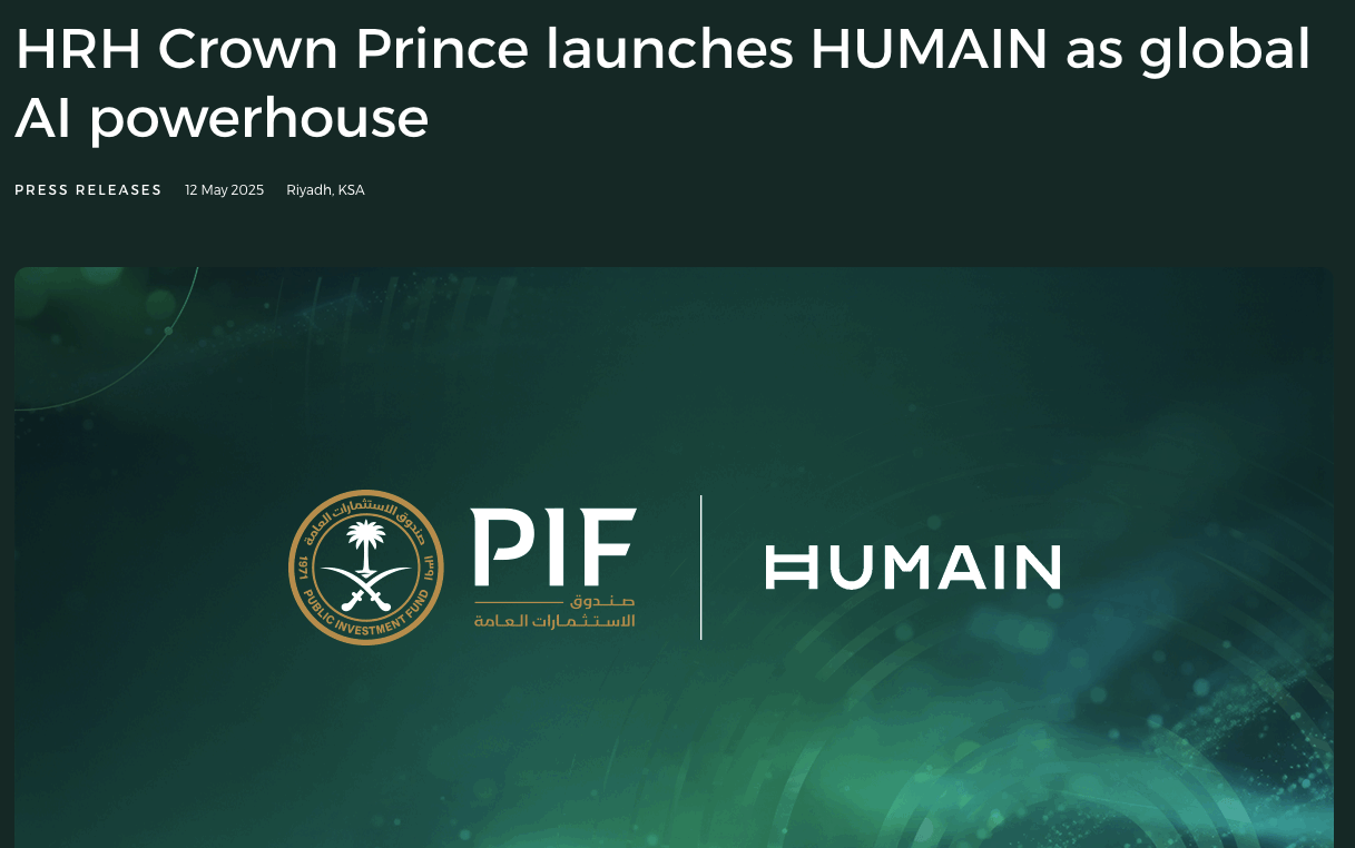 Announcement graphic for Humain AI company with PIF and Saudi leadership