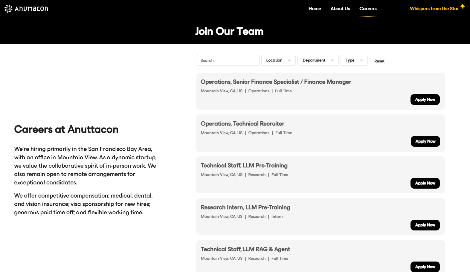 Anuttacon Careers Page showing they are hiring for LLM and AI roles.